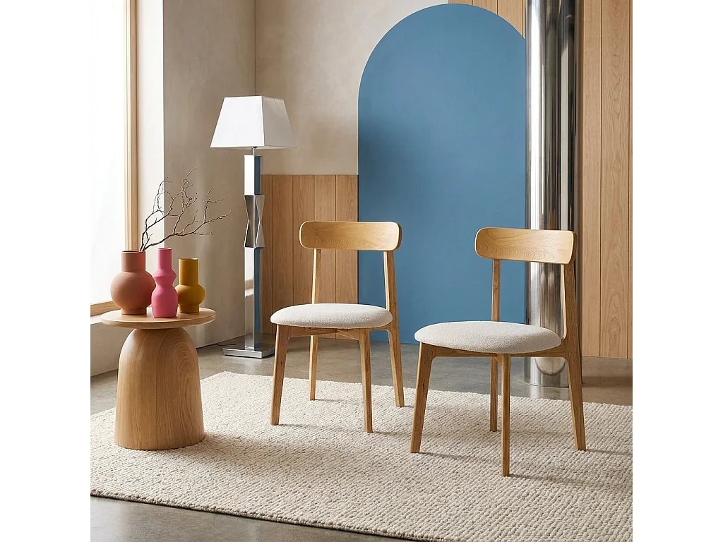 Lot de 2 chaises vintage bois d'hévéa naturel et tissu texturé blanc cassé - Victoire