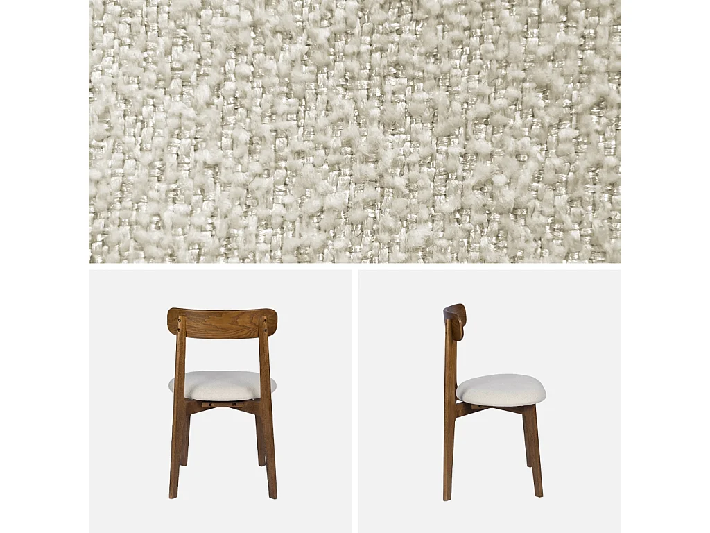 Lot de 2 chaises vintage bois d'hévéa noyer et tissu texturé blanc cassé - Victoire