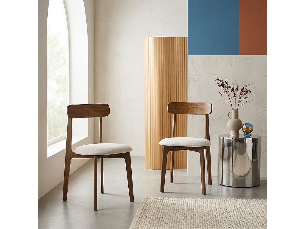 Lot de 2 chaises vintage bois d'hévéa noyer et tissu texturé blanc cassé - Victoire