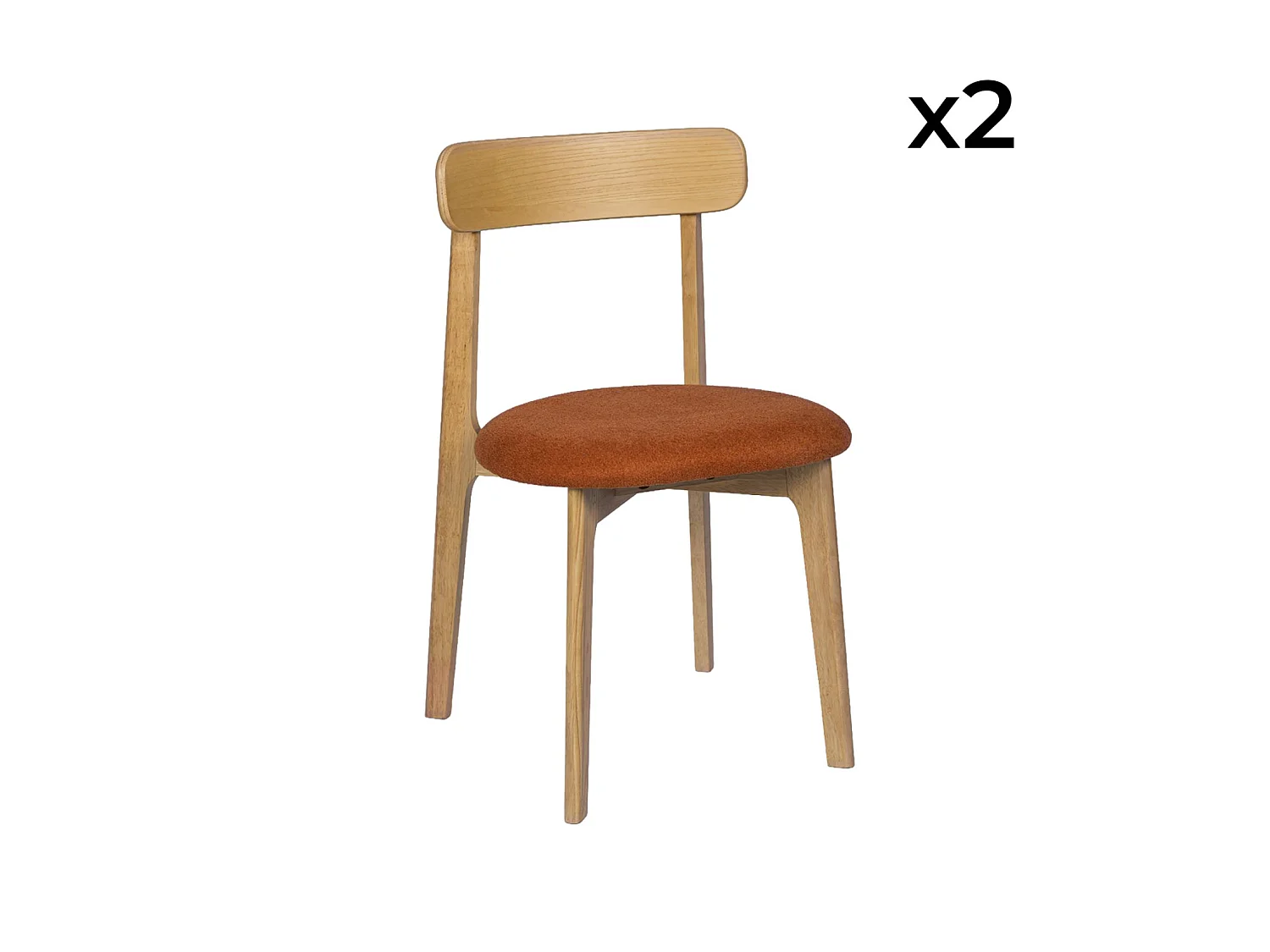 Lot de 2 chaises vintage bois d'hévéa naturel et tissu texturé terracotta - Victoire