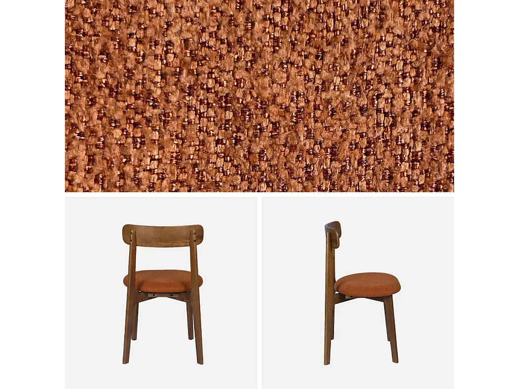 Lot de 2 chaises vintage bois d'hévéa noyer et tissu texturé terracotta - Victoire