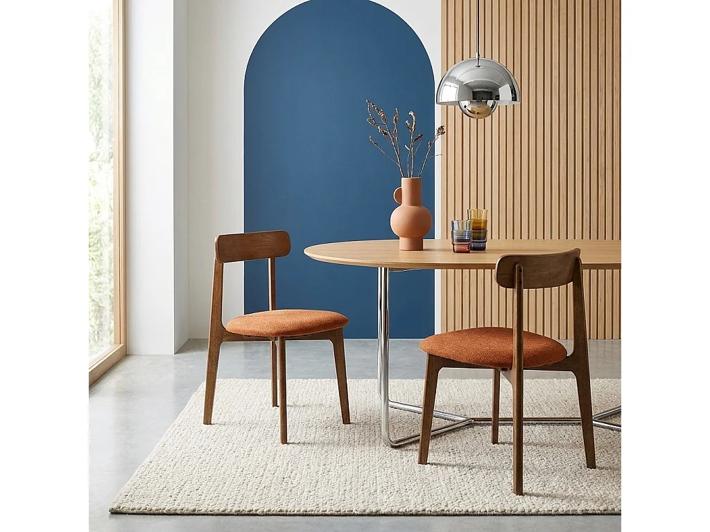 Lot de 2 chaises vintage bois d'hévéa noyer et tissu texturé terracotta - Victoire