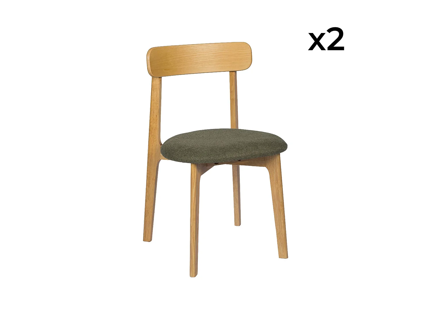 Lot de 2 chaises vintage bois d'hévéa naturel et tissu texturé kaki - Victoire