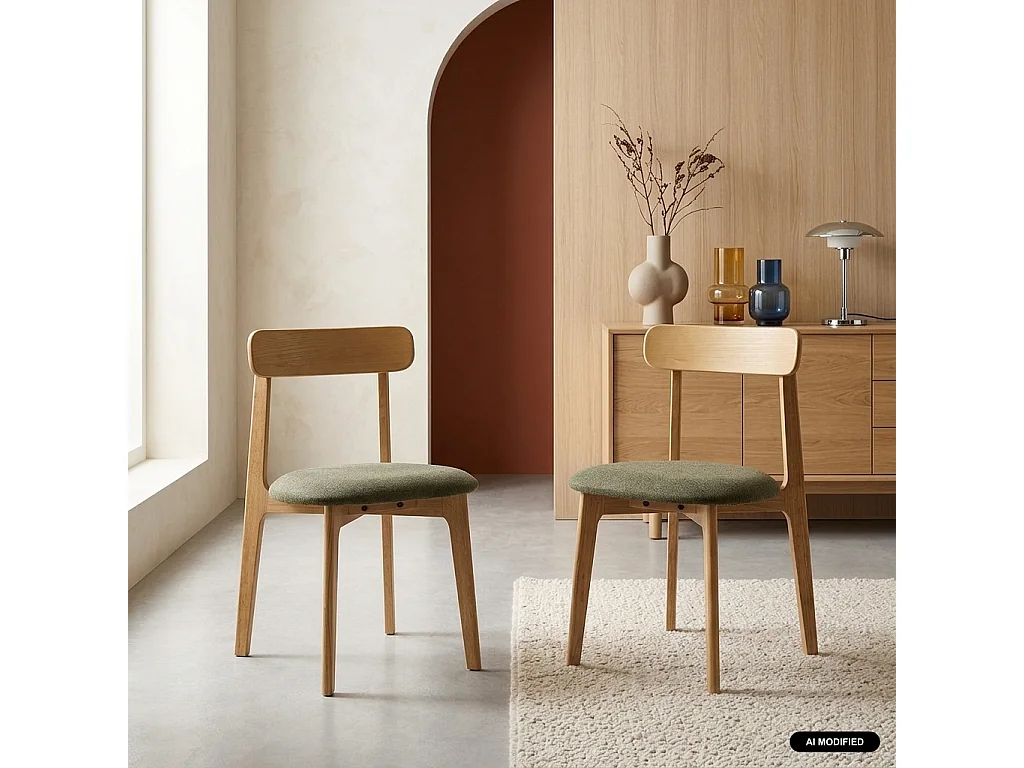 Lot de 2 chaises vintage bois d'hévéa naturel et tissu texturé kaki - Victoire