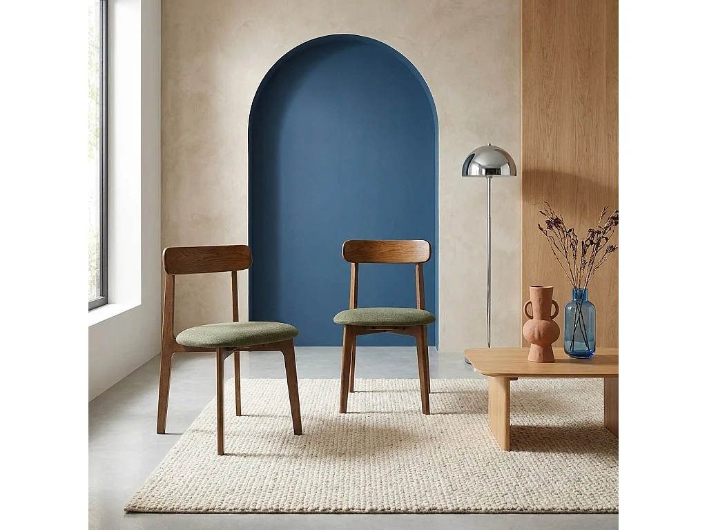 Lot de 2 chaises vintage bois d'hévéa noyer et tissu texturé kaki - Victoire