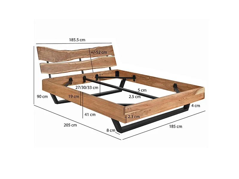 Lit 180 x 200 cm bois d'acacia massif et pieds en métal noir - OTTAWA
