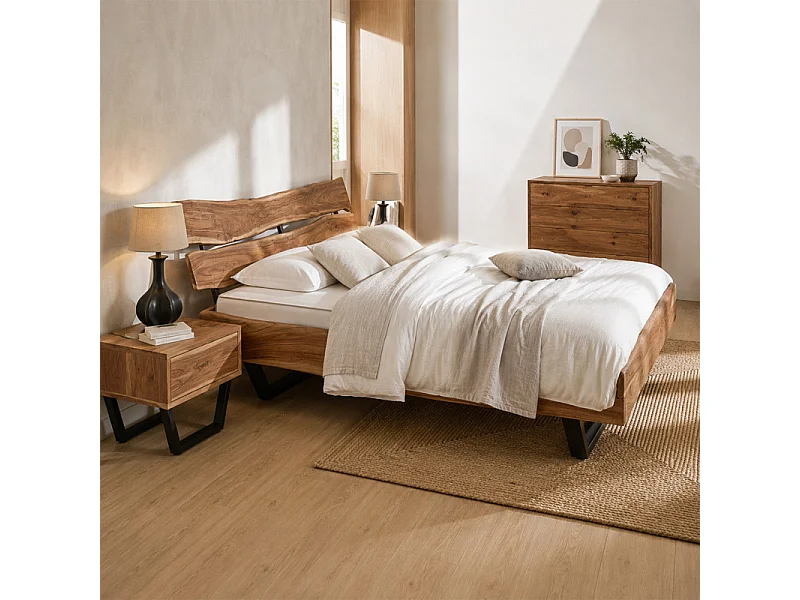 Lit 180 x 200 cm bois d'acacia massif et pieds en métal noir - OTTAWA