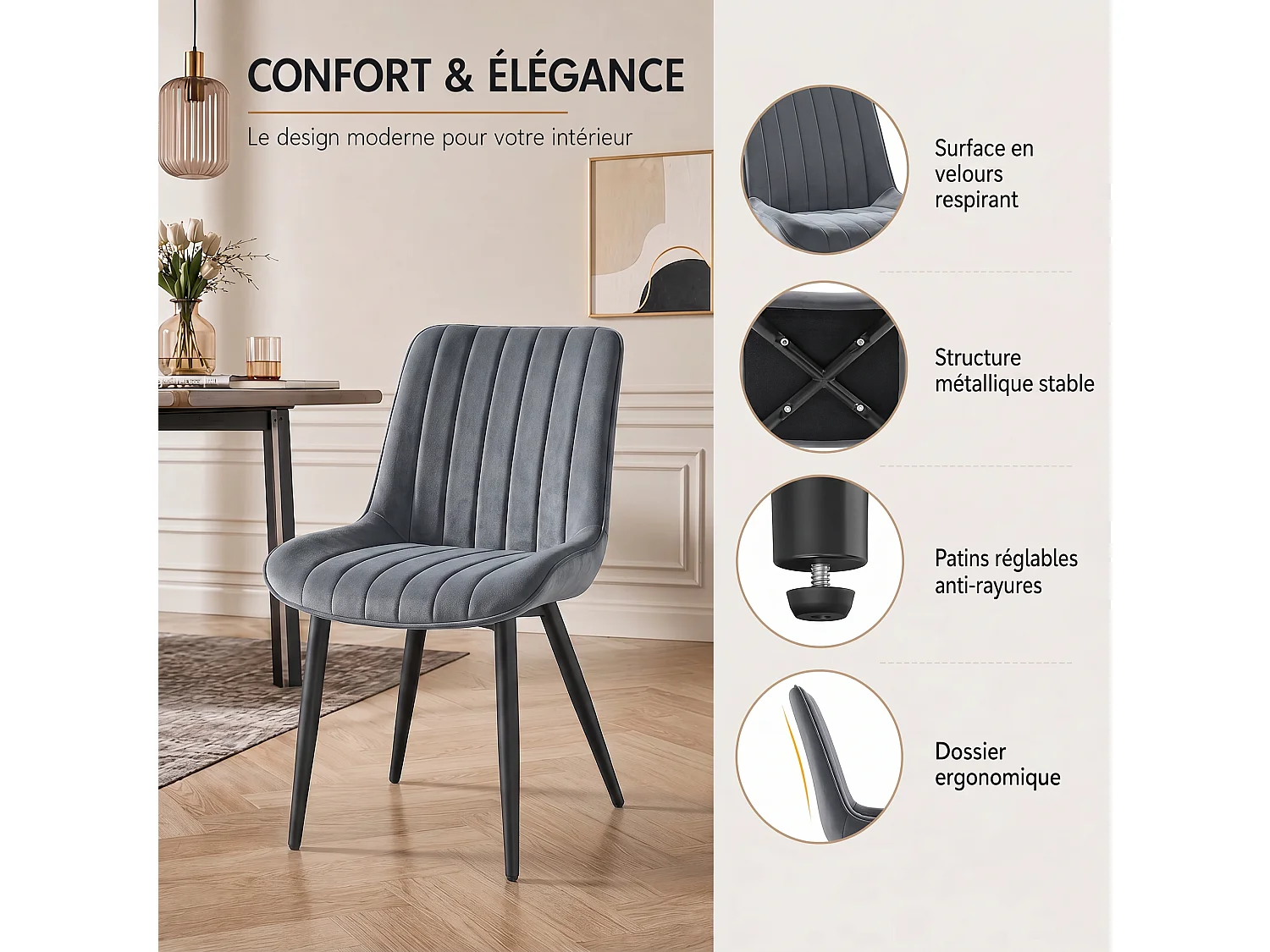 HavenlyHome - Lot de 4 Chaises Salle à Manger, Velours, Beige, Rembourrée,Dossier Ergonomique,Réglables,Pour Salon Chambre à Coucher