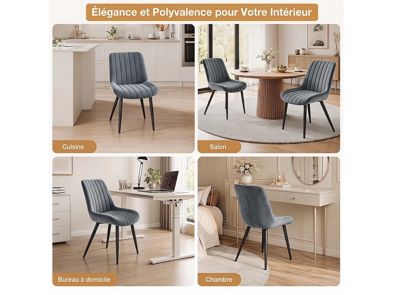 HavenlyHome - Lot de 4 Chaises Salle à Manger, Velours, Beige, Rembourrée,Dossier Ergonomique,Réglables,Pour Salon Chambre à Coucher