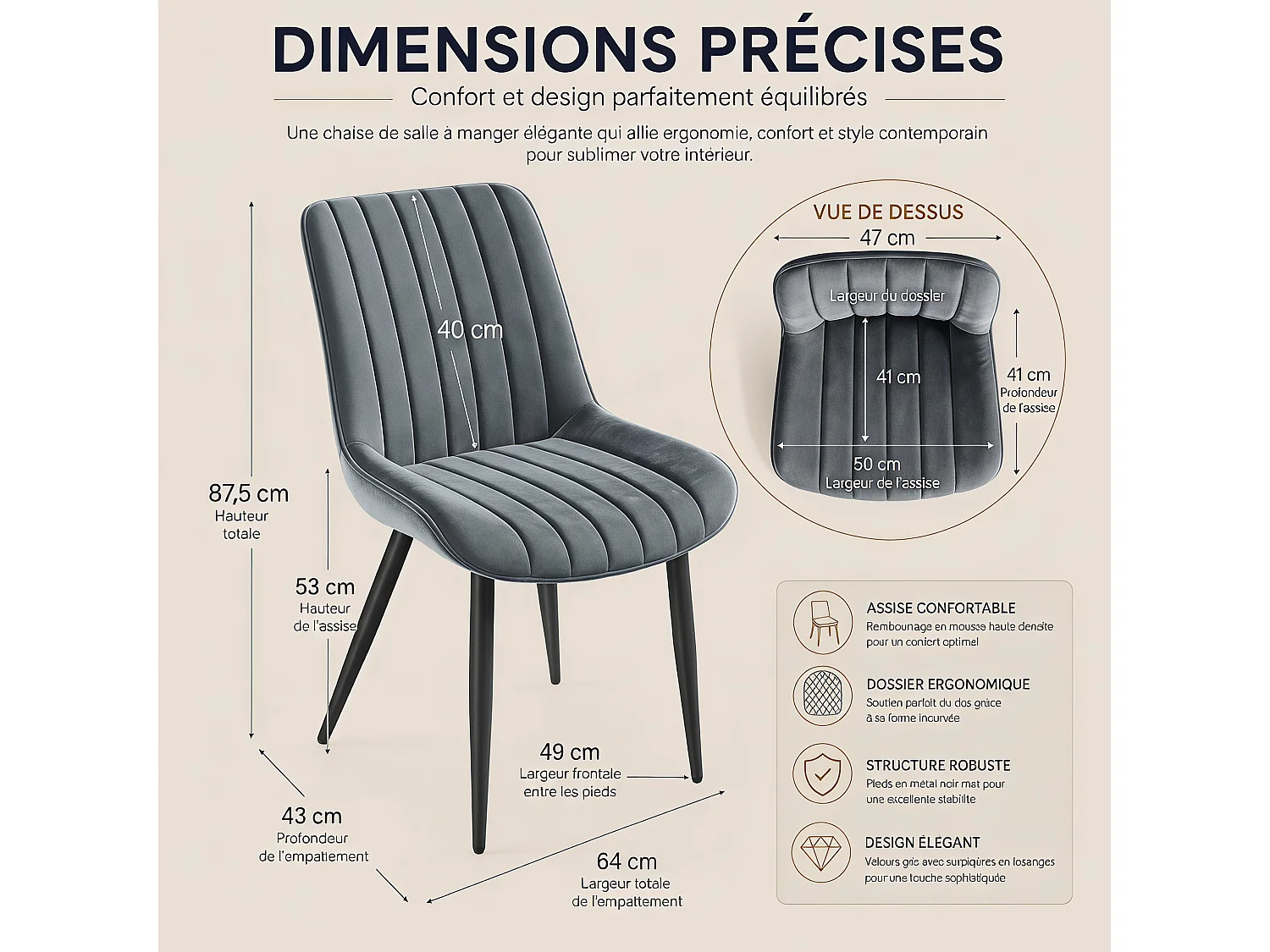 HavenlyHome - Lot de 4 Chaises Salle à Manger, Velours, Beige, Rembourrée,Dossier Ergonomique,Réglables,Pour Salon Chambre à Coucher