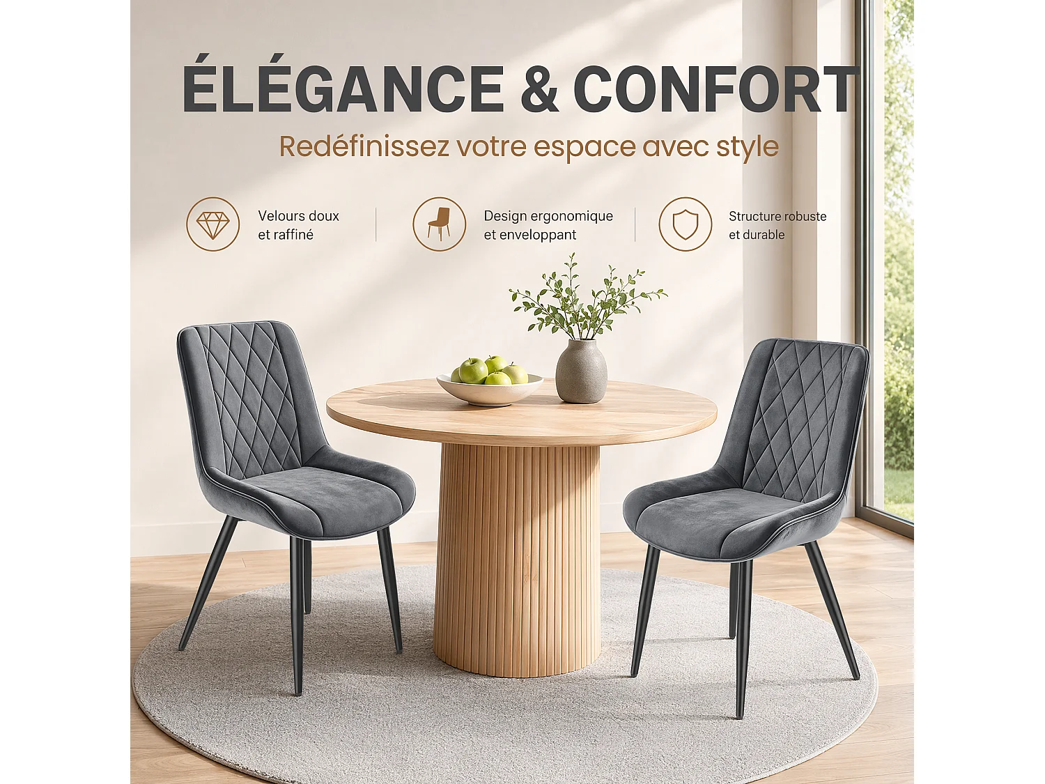 HavenlyHome - Lot de 4 Chaises Salle à Manger, Velours, Gris, Assise Rembourrée, Ergonomique, Réglables,Pour Salon Chambre à Coucher