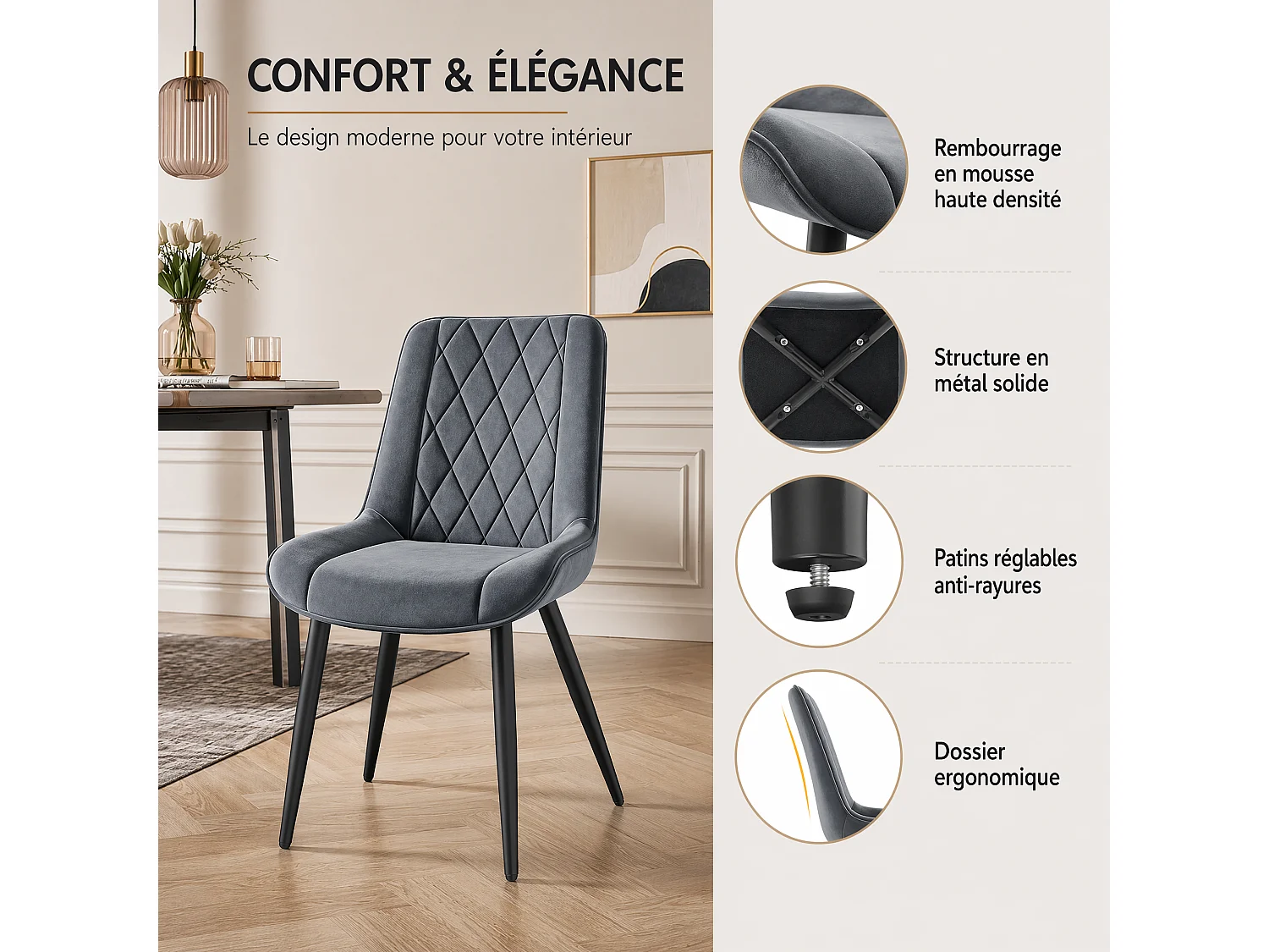 HavenlyHome - Lot de 4 Chaises Salle à Manger, Velours, Gris, Assise Rembourrée, Ergonomique, Réglables,Pour Salon Chambre à Coucher