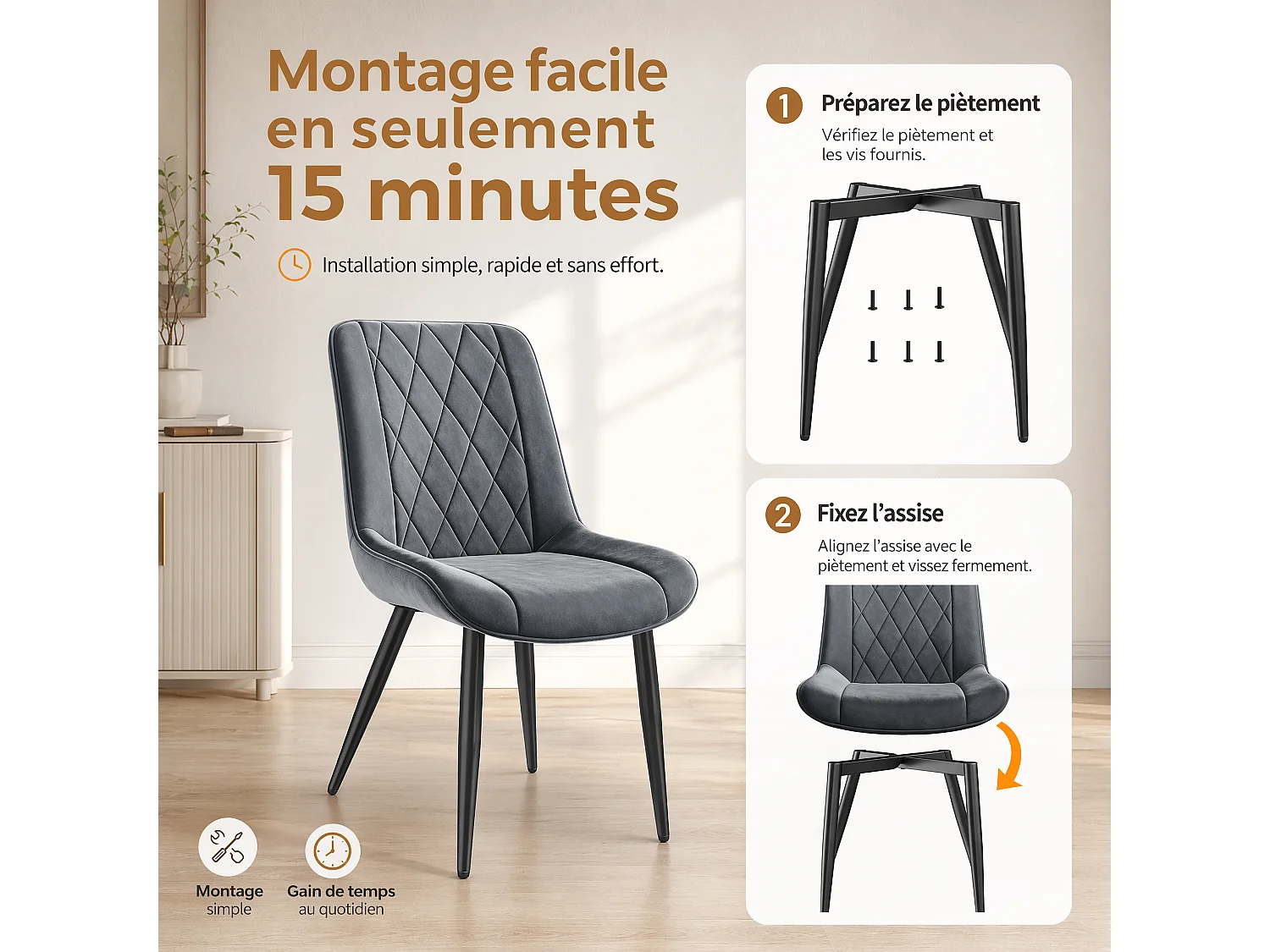 HavenlyHome - Lot de 4 Chaises Salle à Manger, Velours, Gris, Assise Rembourrée, Ergonomique, Réglables,Pour Salon Chambre à Coucher