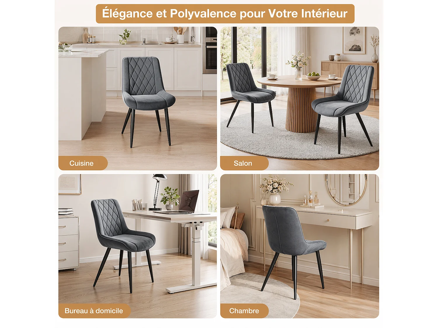 HavenlyHome - Lot de 4 Chaise Salle à Manger, Velours, Gris Foncé, Rembourrée, Ergonomique, Réglables,Pour Salon Chambre à Coucher