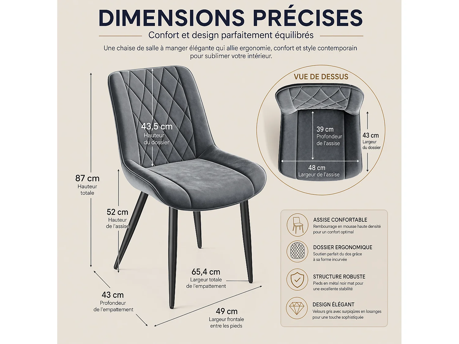 HavenlyHome - Lot de 4 Chaise Salle à Manger, Velours, Gris Foncé, Rembourrée, Ergonomique, Réglables,Pour Salon Chambre à Coucher