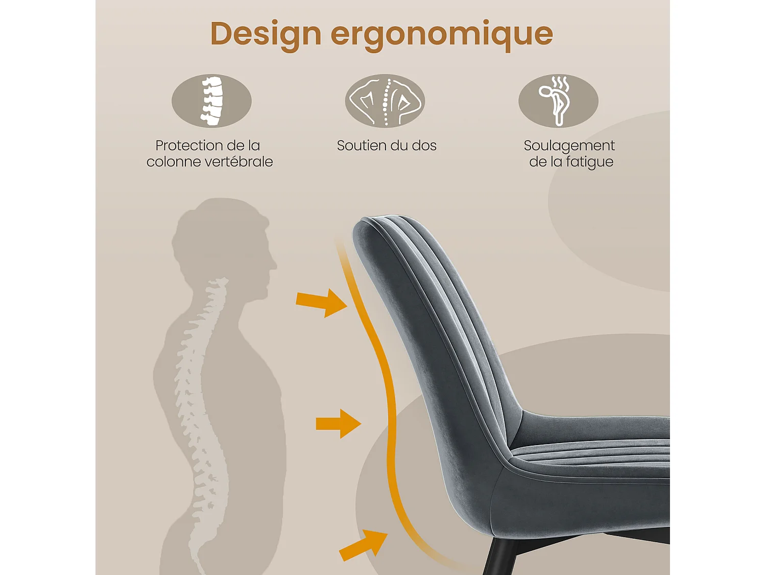 HavenlyHome - Lot de 4 Chaises Salle à Manger, Velours, Gris Foncé, Rembourrée, Ergonomique, Réglables, Pour Salon Chambre à Coucher