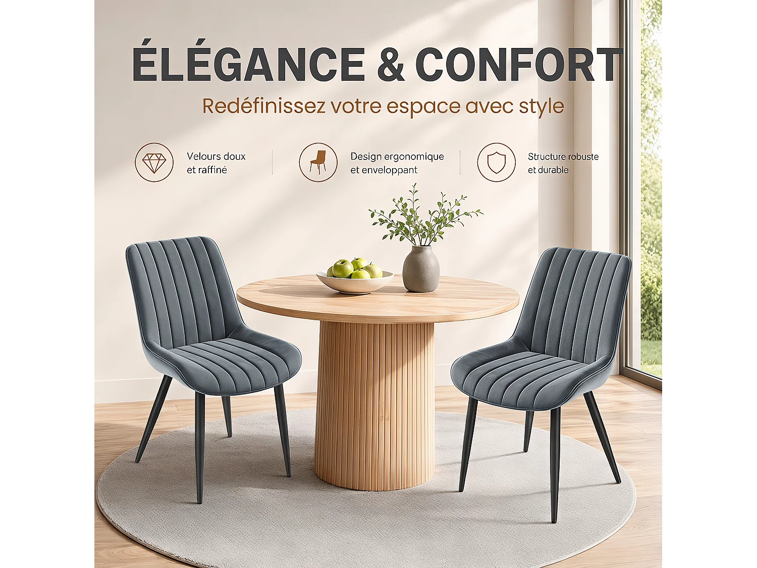 HavenlyHome - Lot de 4 Chaises Salle à Manger, Velours, Gris Foncé, Rembourrée, Ergonomique, Réglables, Pour Salon Chambre à Coucher
