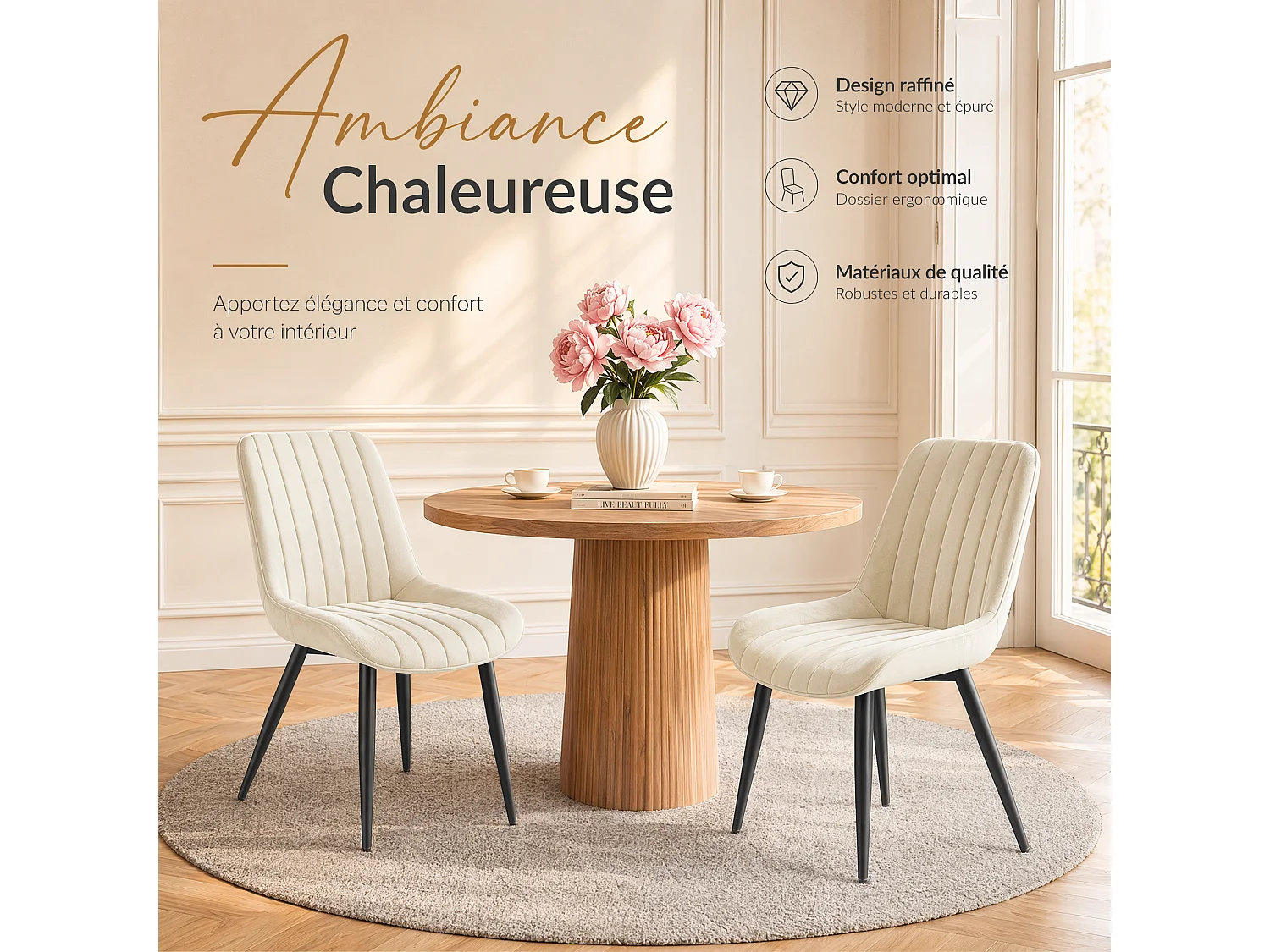 HavenlyHome - Lot de 4 Chaises Salle à Manger, Velours, Beige, Rembourrée,Dossier Ergonomique,Réglables,Pour Salon Chambre à Coucher