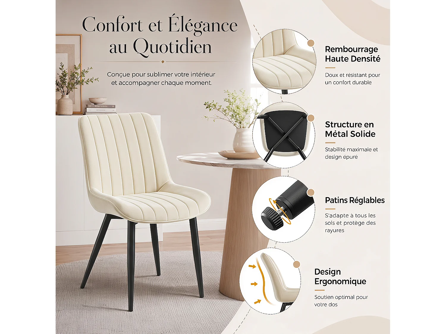 HavenlyHome - Lot de 4 Chaises Salle à Manger, Velours, Beige, Rembourrée,Dossier Ergonomique,Réglables,Pour Salon Chambre à Coucher