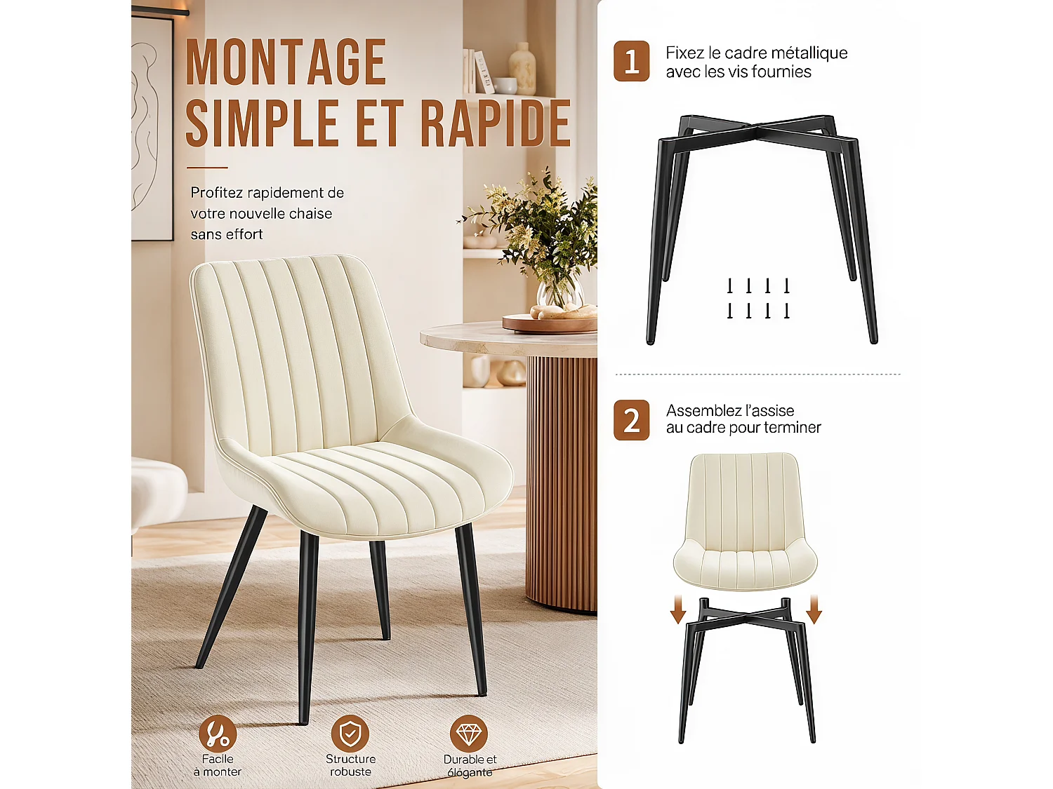 HavenlyHome - Lot de 4 Chaises Salle à Manger, Velours, Beige, Rembourrée,Dossier Ergonomique,Réglables,Pour Salon Chambre à Coucher