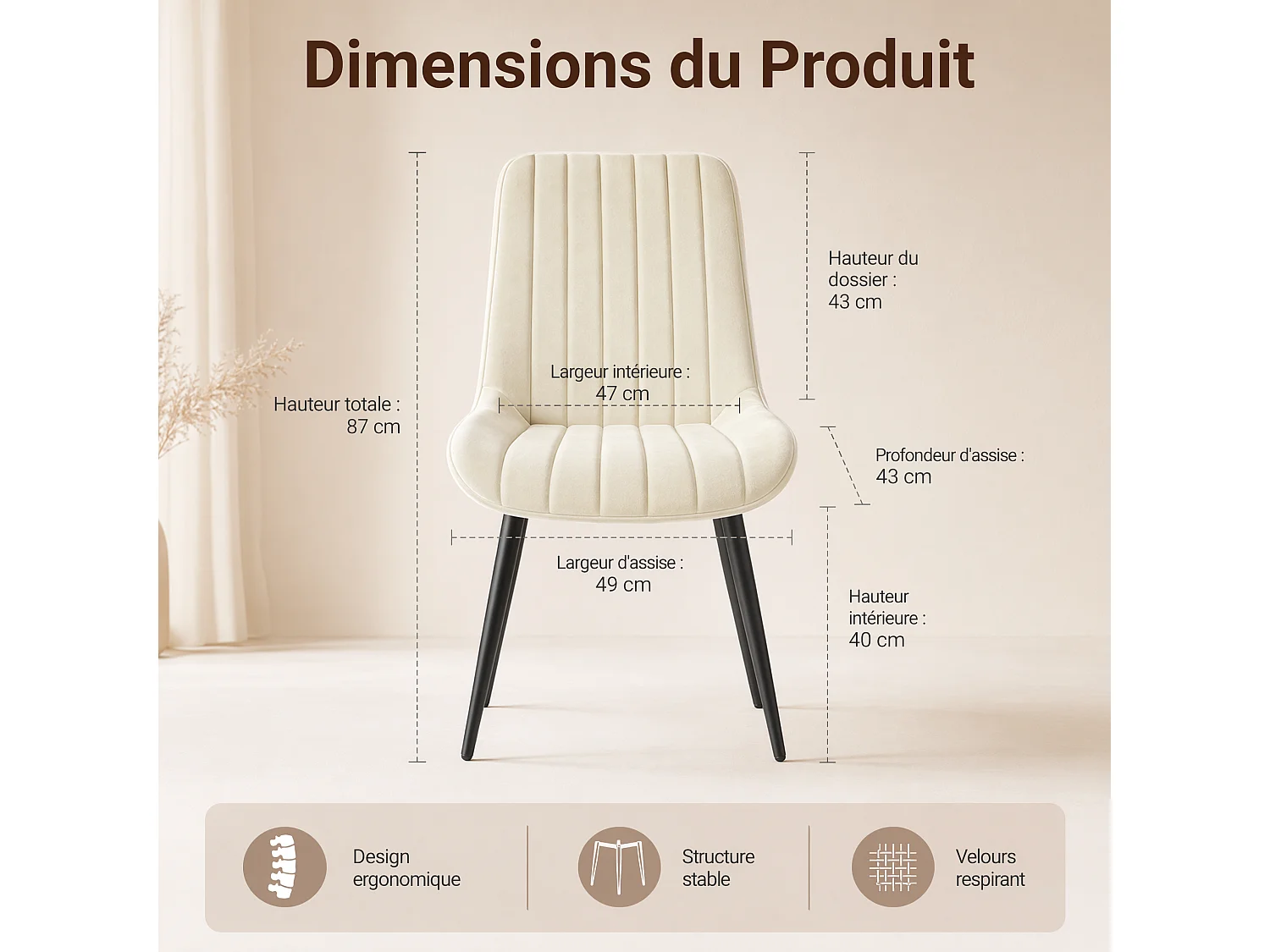 HavenlyHome - Lot de 4 Chaises Salle à Manger, Velours, Beige, Rembourrée,Dossier Ergonomique,Réglables,Pour Salon Chambre à Coucher