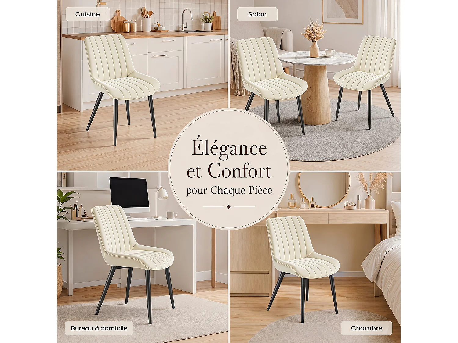 HavenlyHome - Lot de 4 Chaises Salle à Manger, Velours, Beige, Rembourrée,Dossier Ergonomique,Réglables,Pour Salon Chambre à Coucher