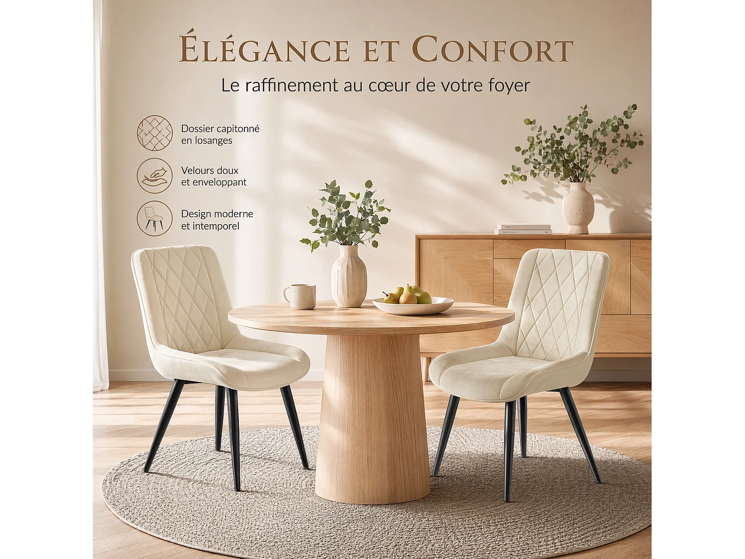 HavenlyHome - Lot de 4 Chaises Salle à Manger, Velours Beige, Assise Rembourrée, Ergonomique, Réglables,Pour Salon Chambre à Coucher