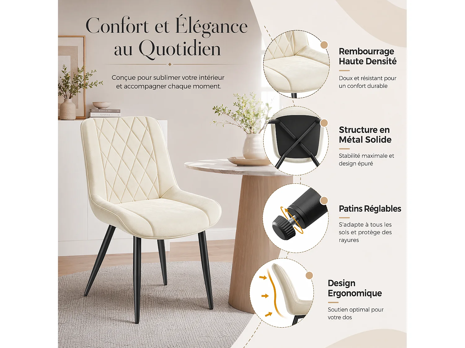 HavenlyHome - Lot de 4 Chaises Salle à Manger, Velours Beige, Assise Rembourrée, Ergonomique, Réglables,Pour Salon Chambre à Coucher