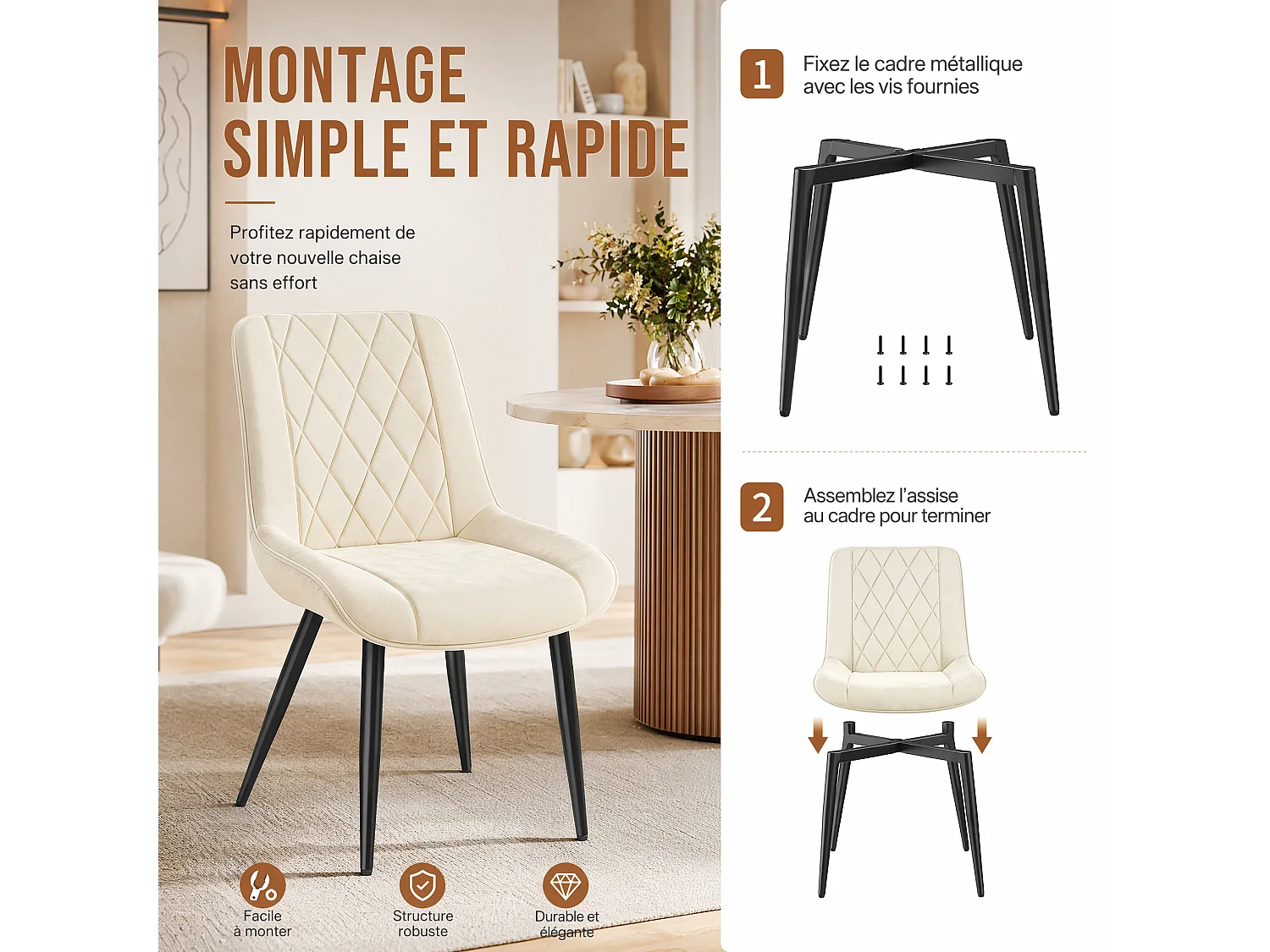 HavenlyHome - Lot de 4 Chaises Salle à Manger, Velours Beige, Assise Rembourrée, Ergonomique, Réglables,Pour Salon Chambre à Coucher