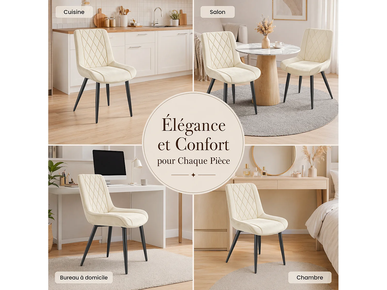 HavenlyHome - Lot de 4 Chaises Salle à Manger, Velours Beige, Assise Rembourrée, Ergonomique, Réglables,Pour Salon Chambre à Coucher