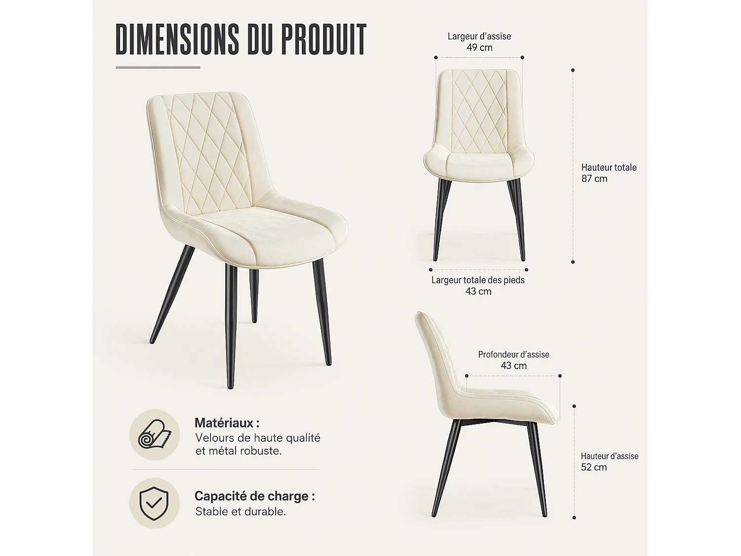 HavenlyHome - Lot de 4 Chaises Salle à Manger, Velours Beige, Assise Rembourrée, Ergonomique, Réglables,Pour Salon Chambre à Coucher
