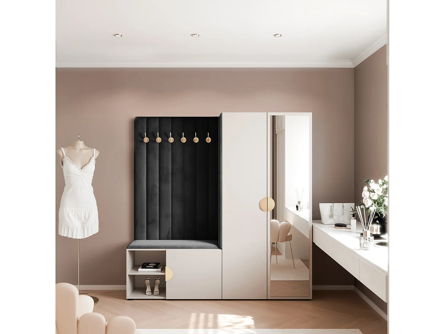 Vestiaire Aria 190 cm Cachemire Rembourré Noir Soft-Close Poignées Doré