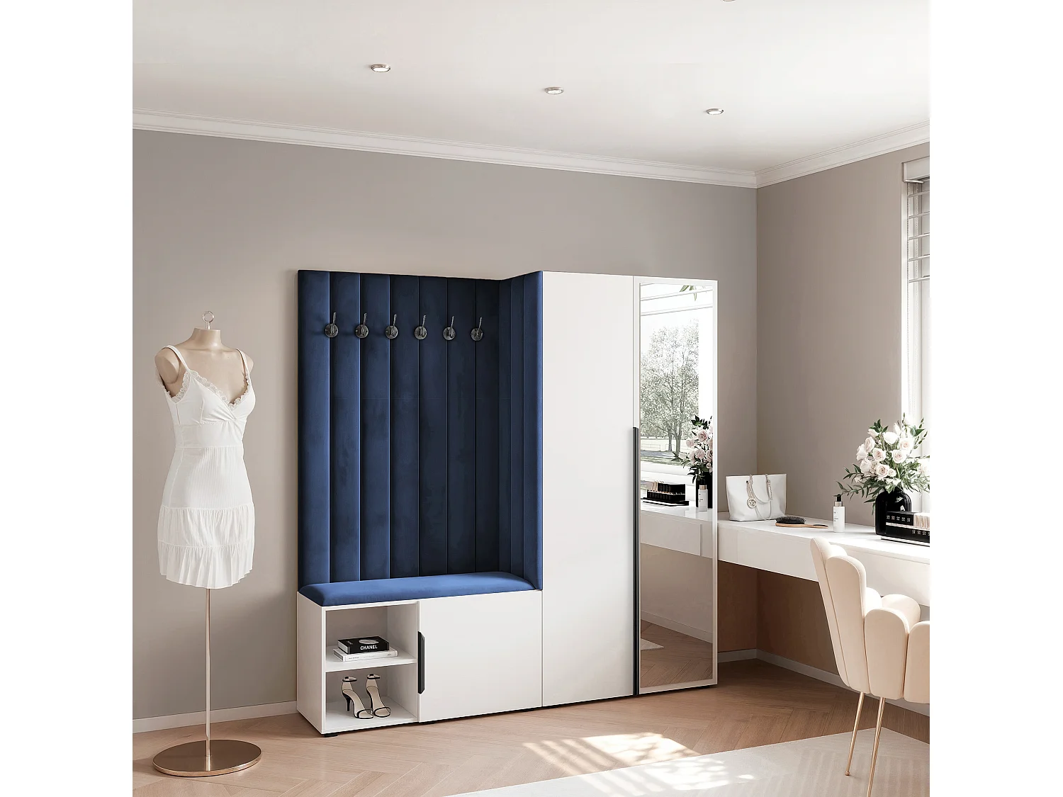 Garderobe Aria 190 cm Weiß Gepolstert Atlantikblau Soft-Close Griffe Schwarz