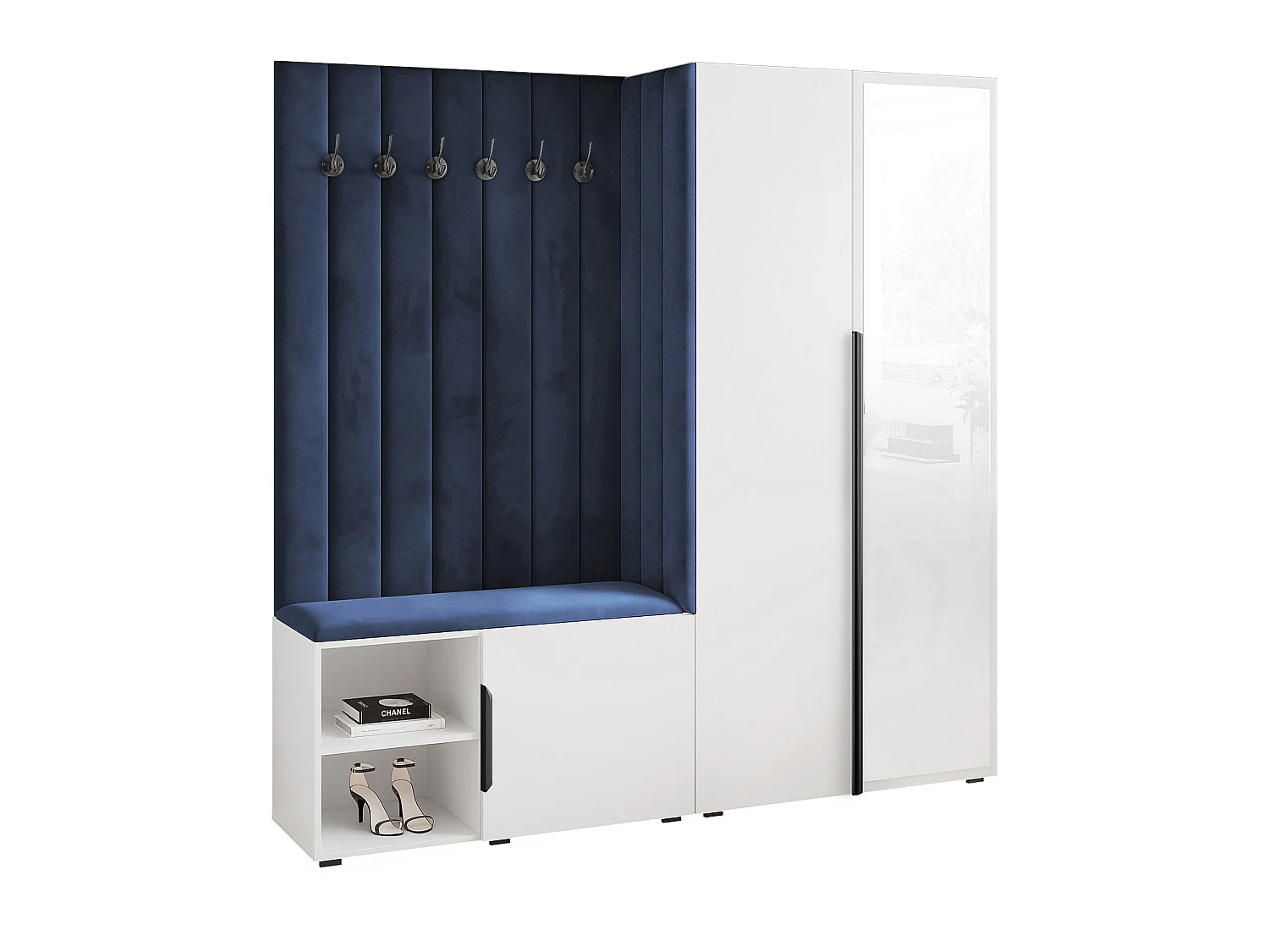 Garderobe Aria 190 cm Weiß Gepolstert Atlantikblau Soft-Close Griffe Schwarz