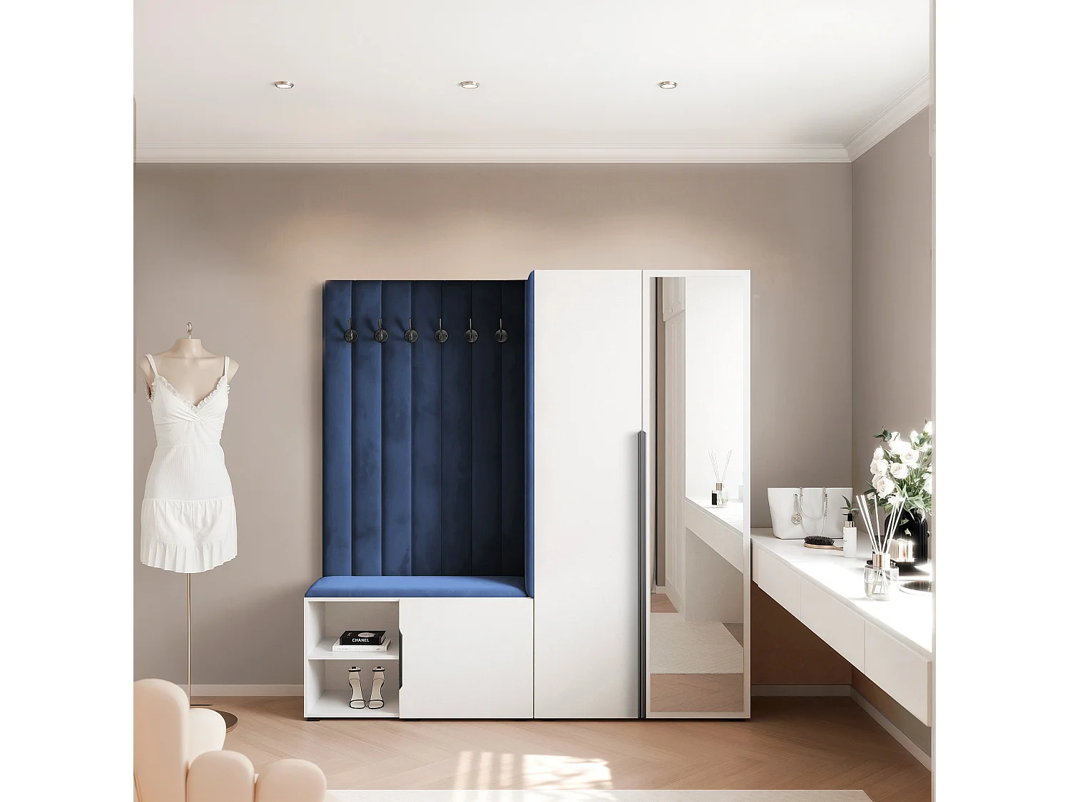 Garderobe Aria 190 cm Weiß Gepolstert Atlantikblau Soft-Close Griffe Schwarz