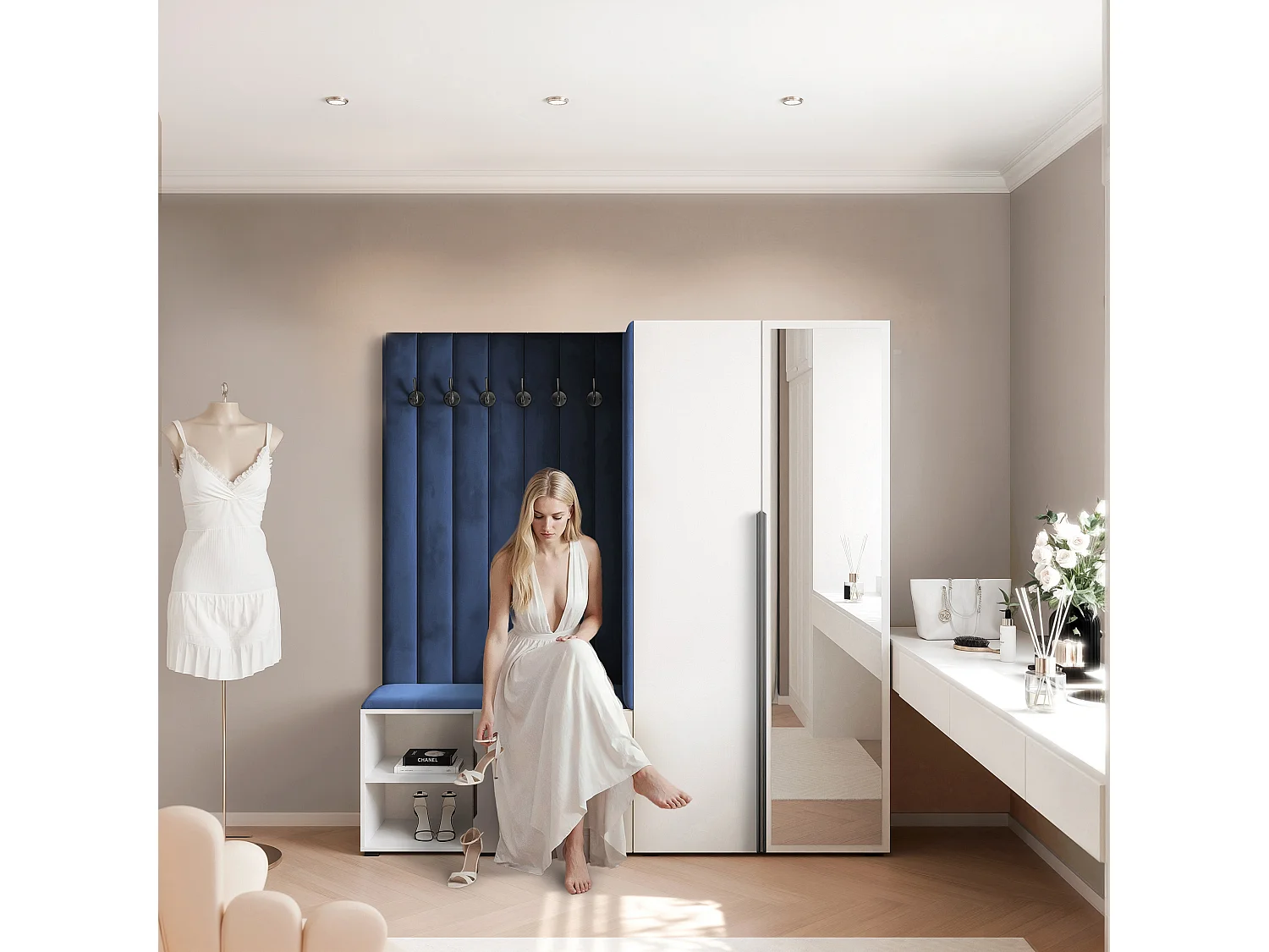 Garderobe Aria 190 cm Weiß Gepolstert Atlantikblau Soft-Close Griffe Schwarz