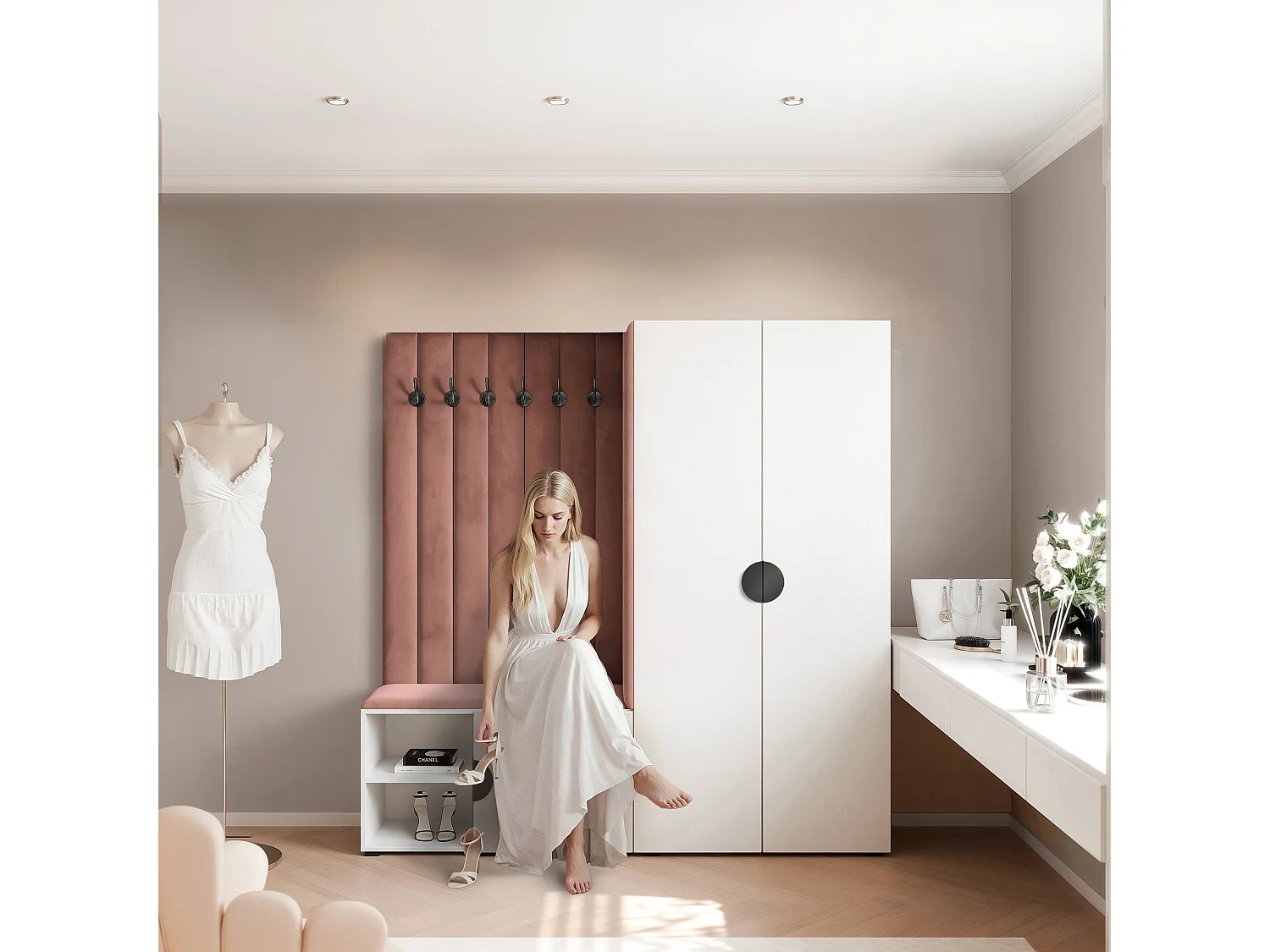 Garderobe Aria 190 cm Weiß Gepolstert Rost Soft-Close Griffe Schwarz