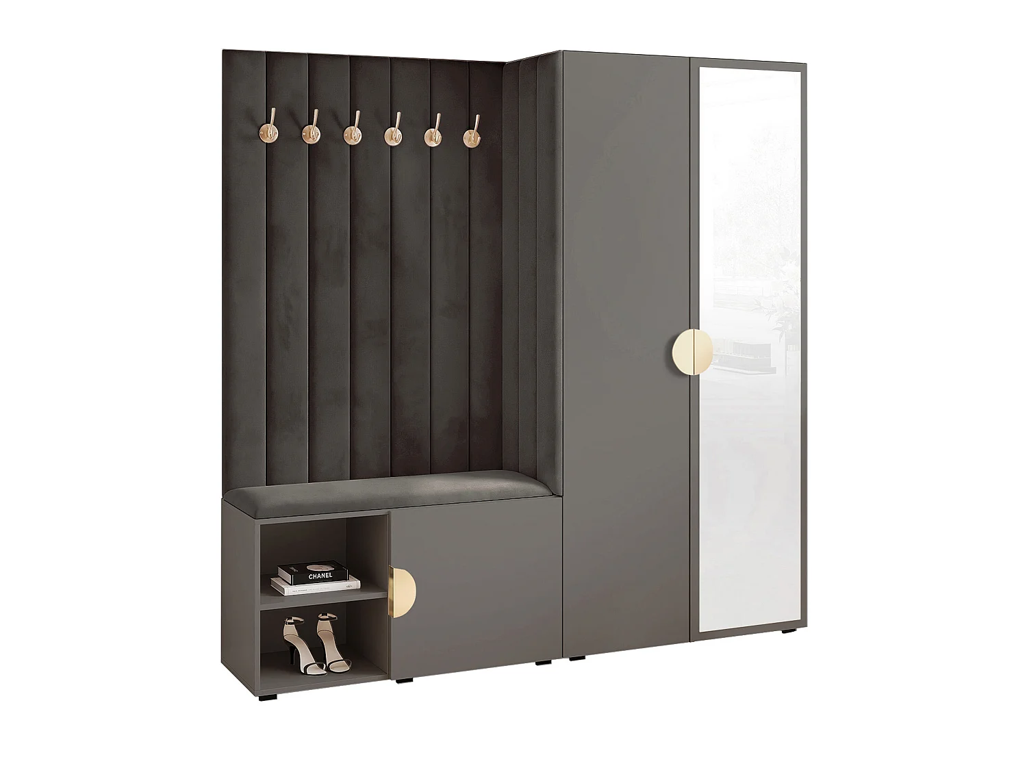 Vestiaire Aria 190 cm Gris Rembourré Anthracite Soft-Close Poignées Doré