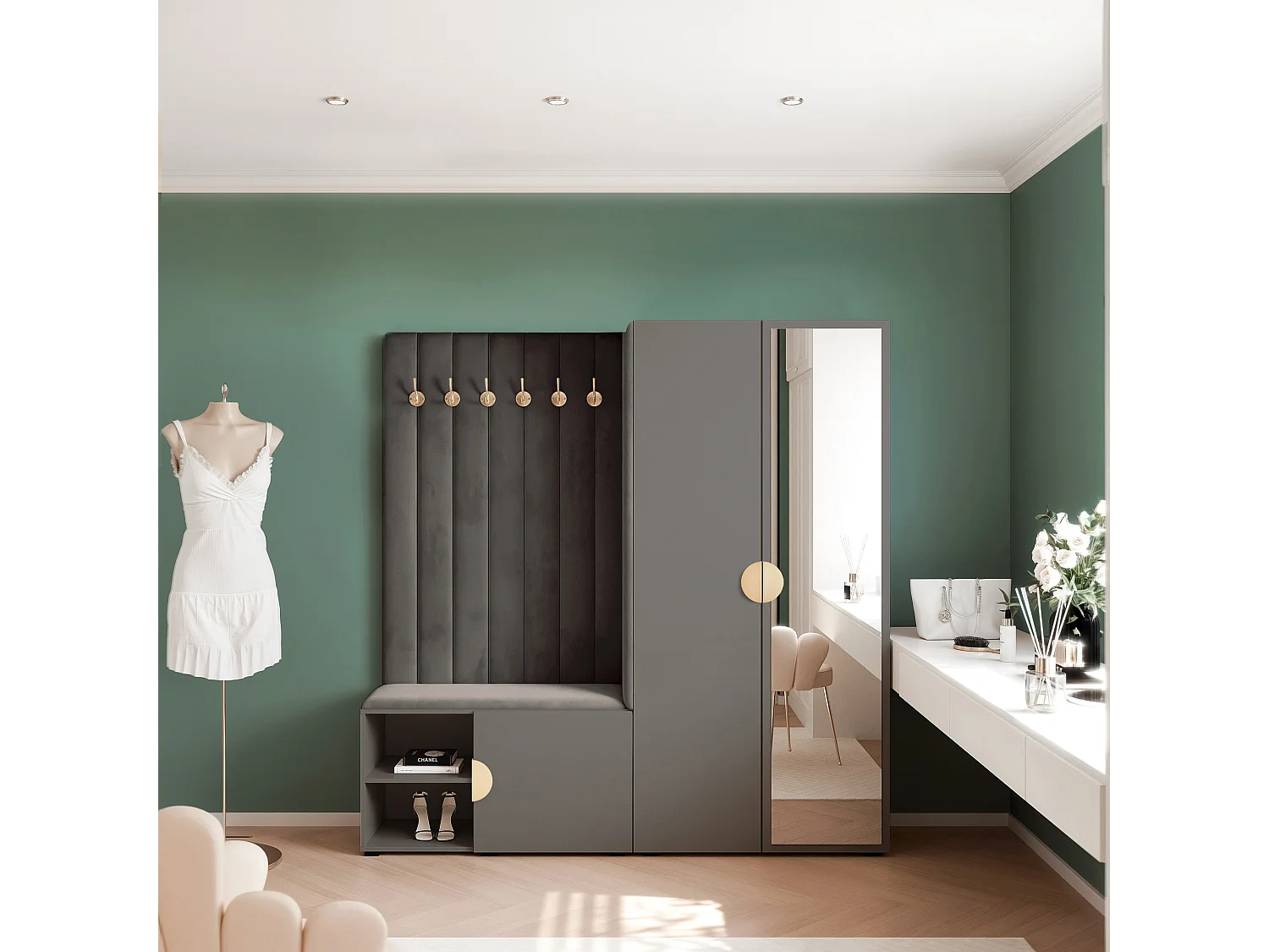 Vestiaire Aria 190 cm Gris Rembourré Anthracite Soft-Close Poignées Doré