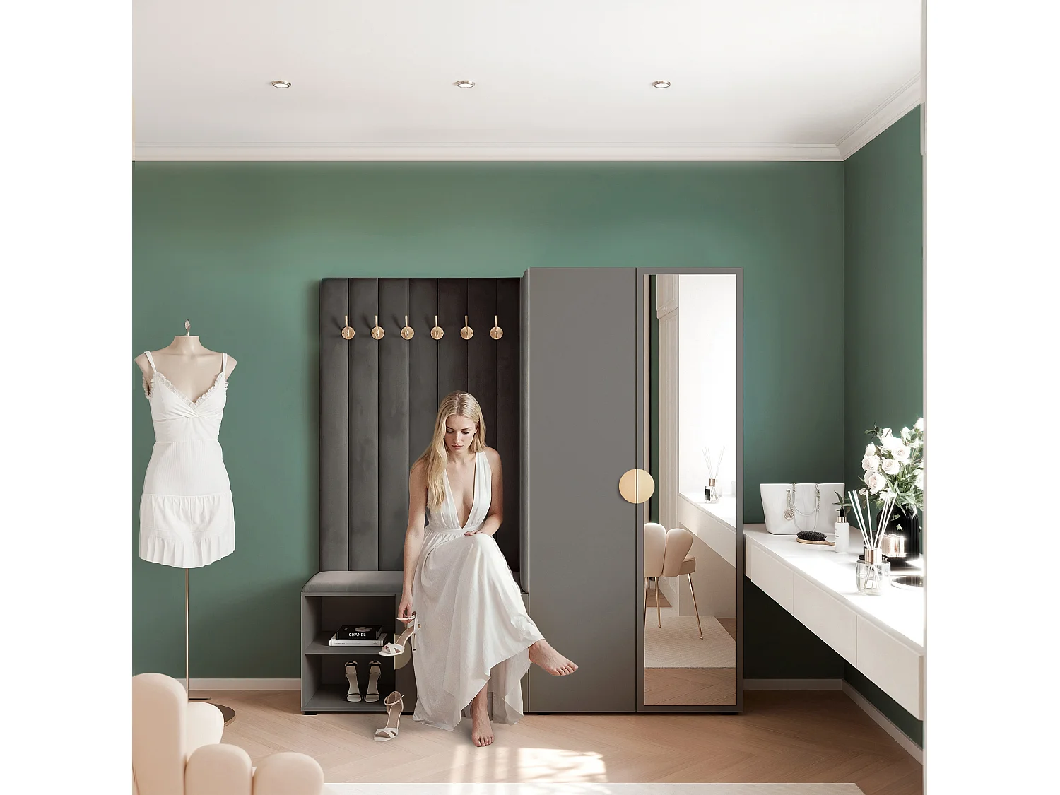 Vestiaire Aria 190 cm Gris Rembourré Anthracite Soft-Close Poignées Doré