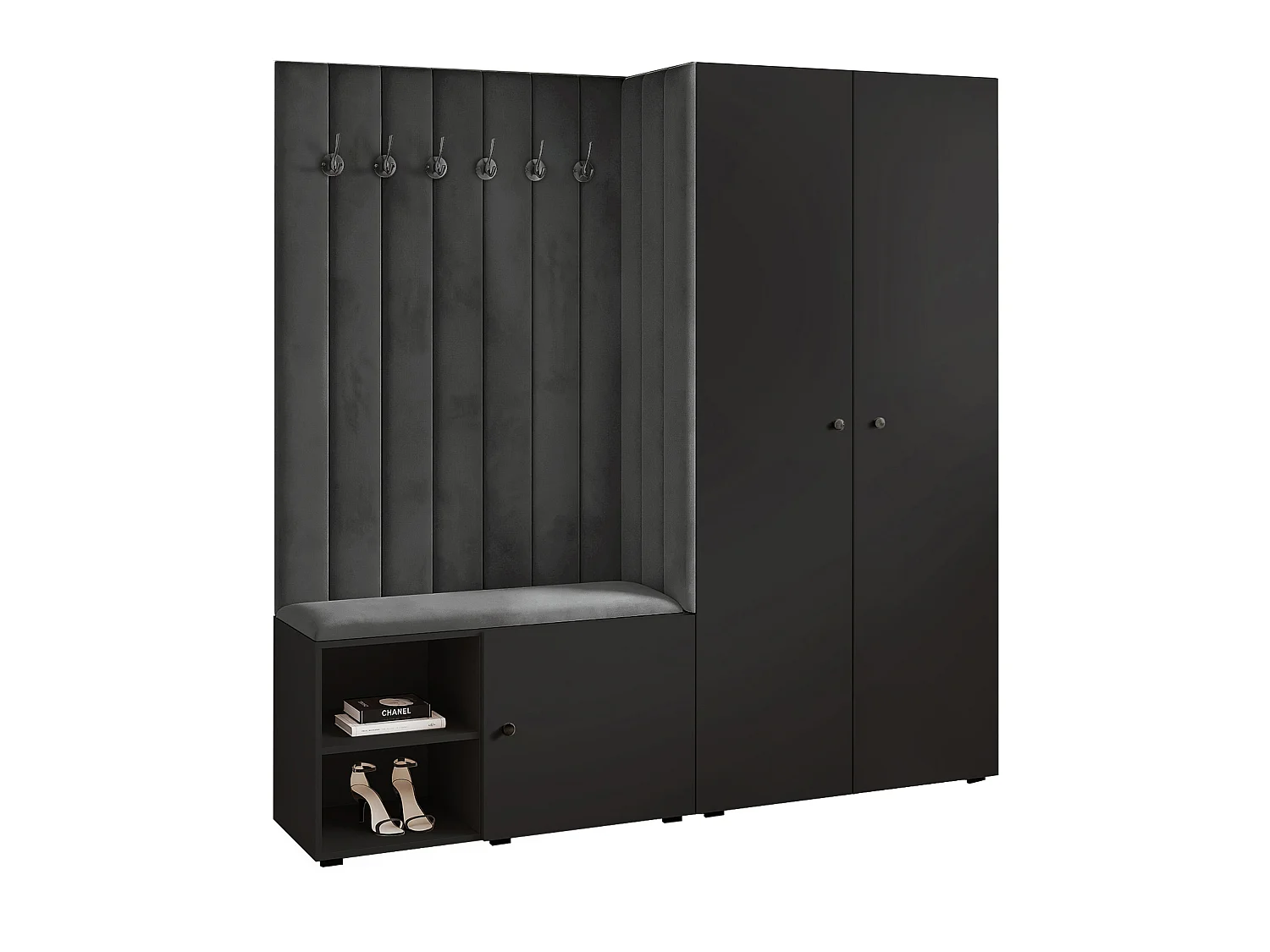 Garderobe Aria 190 cm Schwarz Gepolstert Graphit Soft-Close Griffe Schwarz