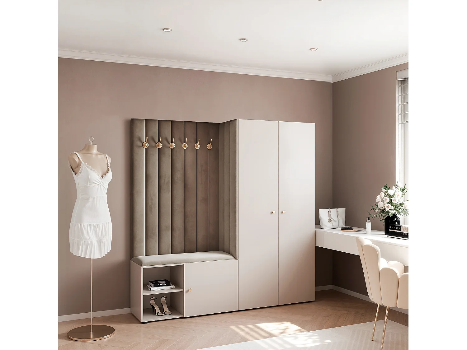 Vestiaire Aria 190 cm Cachemire Rembourré Taupe Soft-Close Poignées Doré