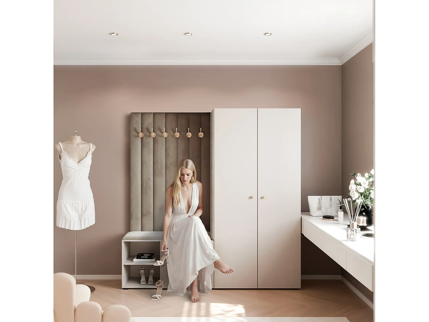 Vestiaire Aria 190 cm Cachemire Rembourré Taupe Soft-Close Poignées Doré
