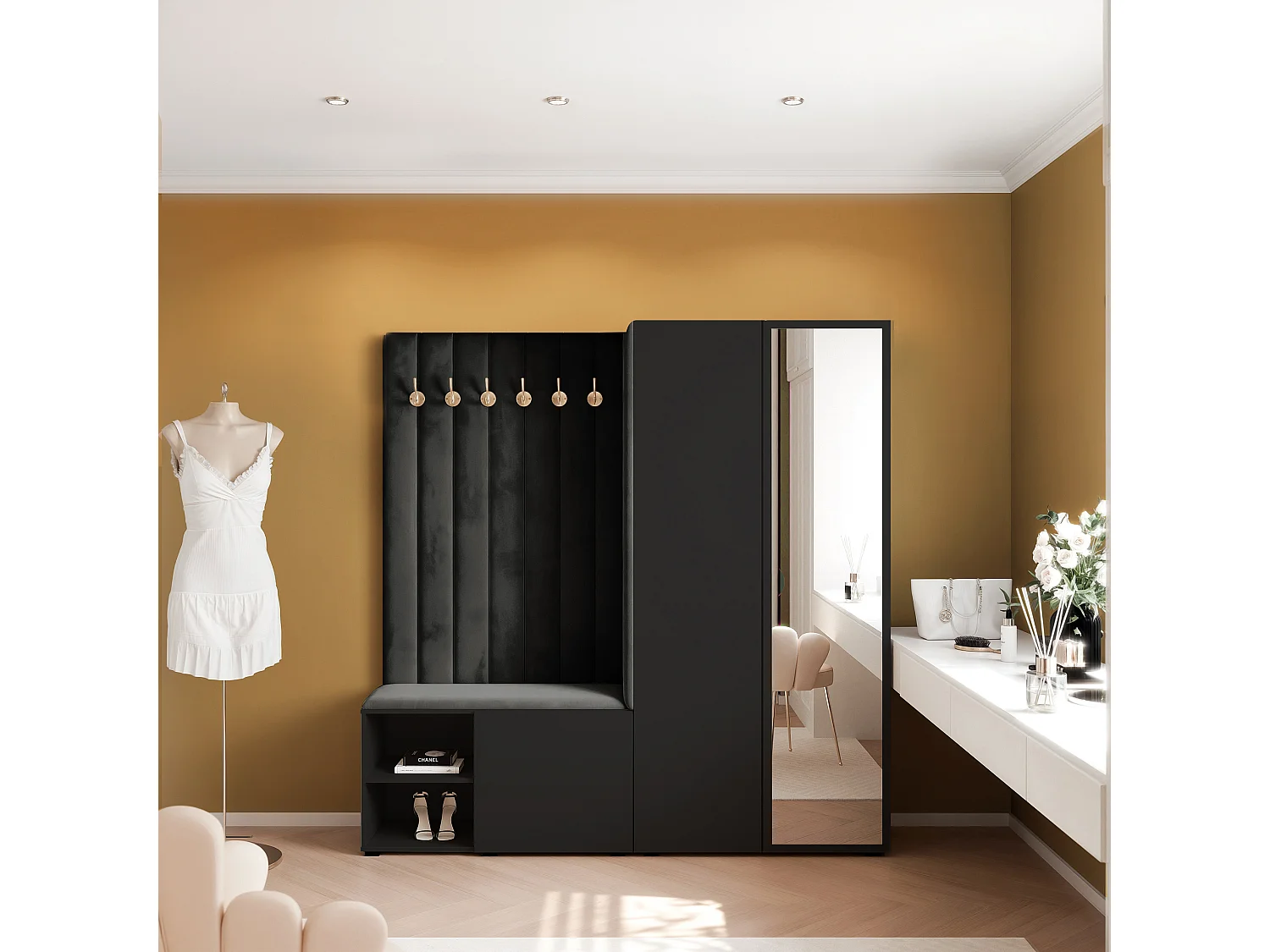Vestiaire Aria 190 cm Noir Rembourré Noir Soft-Close Push-to-Open