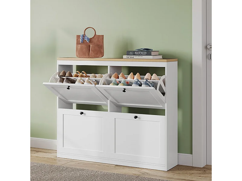 Meuble à Chaussures HavenlyHome, 4 Porte, 2 Compartiment, Étagères Réglables, 16 à 24 Paire, pour Couloir Entrée, 105x24x83cm,Blanc