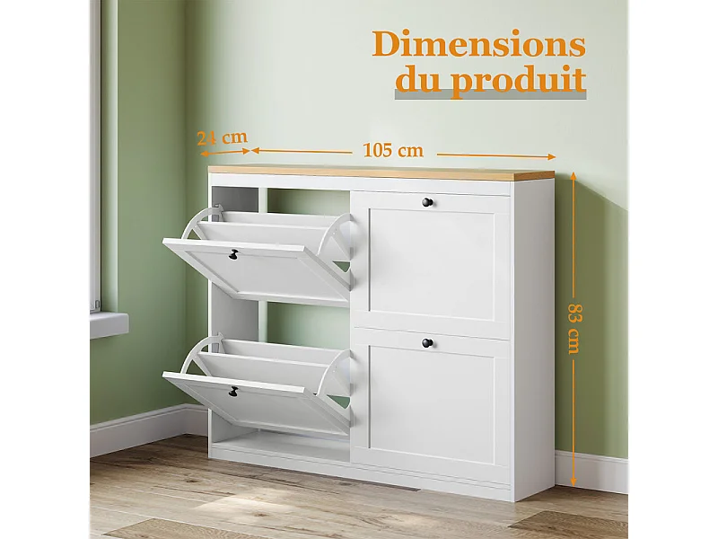 Meuble à Chaussures HavenlyHome, 4 Porte, 2 Compartiment, Étagères Réglables, 16 à 24 Paire, pour Couloir Entrée, 105x24x83cm,Blanc