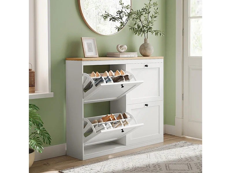 Meuble à Chaussures HavenlyHome, 4 Porte, 2 Compartiment, Étagères Réglables, 16 à 24 Paire, pour Couloir Entrée, 105x24x83cm,Blanc