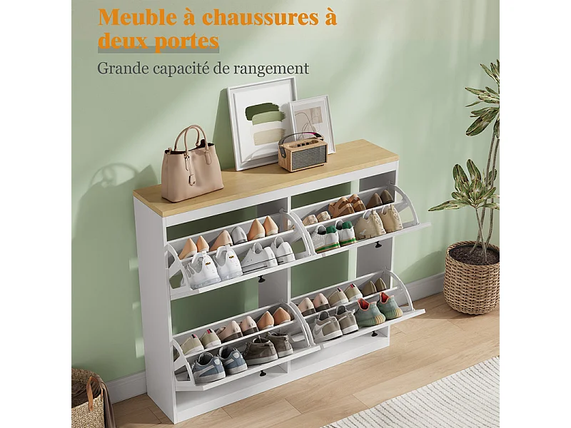 Meuble à Chaussures HavenlyHome, 4 Porte, 2 Compartiment, Étagères Réglables, 16 à 24 Paire, pour Couloir Entrée, 105x24x83cm,Blanc