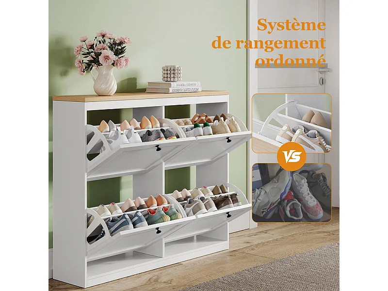 Meuble à Chaussures HavenlyHome, 4 Porte, 2 Compartiment, Étagères Réglables, 16 à 24 Paire, pour Couloir Entrée, 105x24x83cm,Blanc