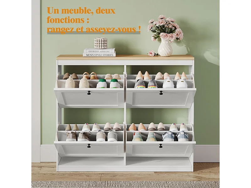 Meuble à Chaussures HavenlyHome, 4 Porte, 2 Compartiment, Étagères Réglables, 16 à 24 Paire, pour Couloir Entrée, 105x24x83cm,Blanc